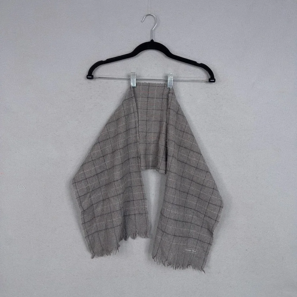 Christian Dior Scarf Mens One Size Gray Grid Merino Wool Fringed Luxury Designer